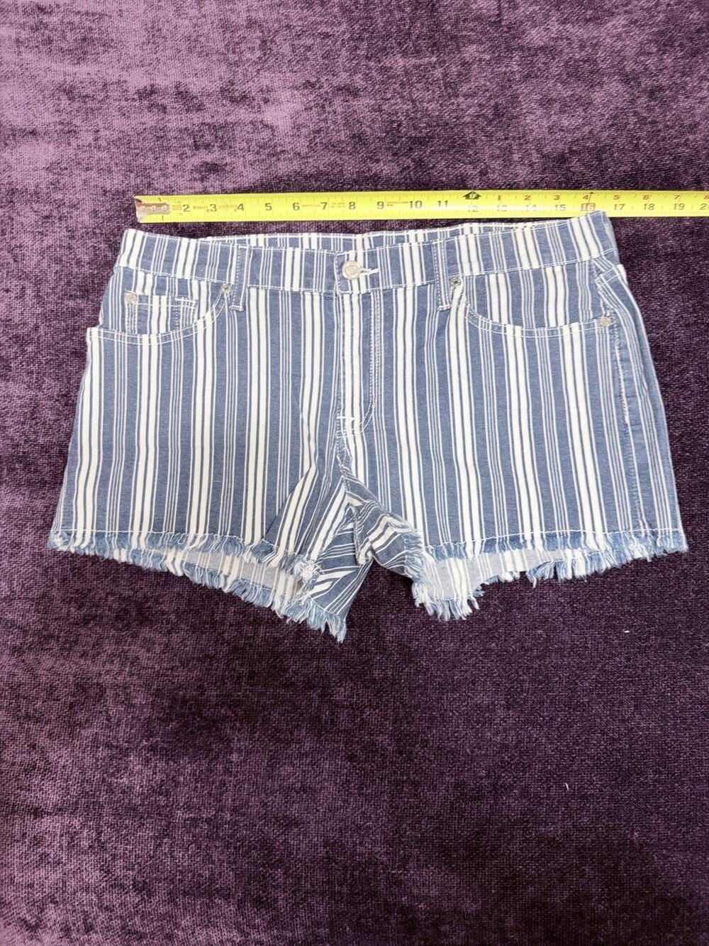 7 For All Mankind Women’s 32 Blue/White Striped Cut-Off Stretch Denim 3"